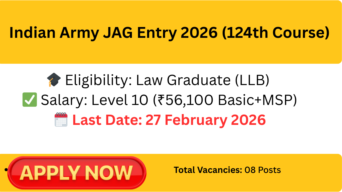 Indian Army JAG Entry 2026 (124th Course): Apply Online for Law Graduate Vacancies