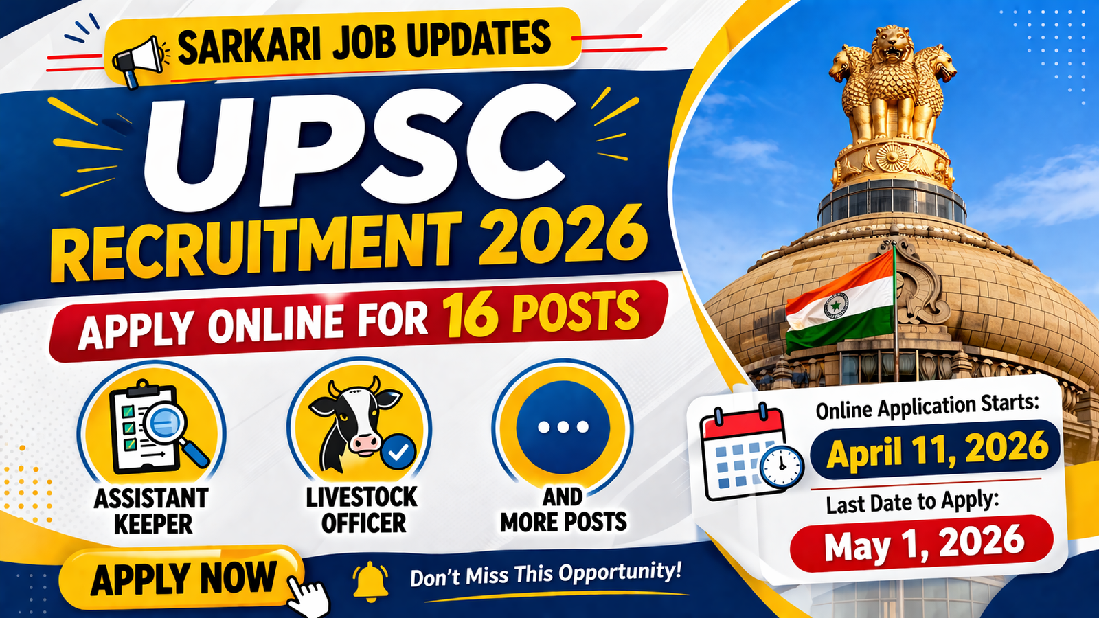 🏛️ UPSC Recruitment 2026 – Apply Online for 16 Assistant Keeper, Livestock Officer & Other Posts