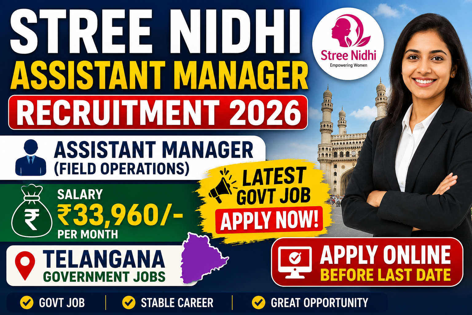 🔥 Stree Nidhi Assistant Manager Recruitment 2026 Notification Out – Apply Online | Salary ₹33,960 | Telangana Govt Jobs