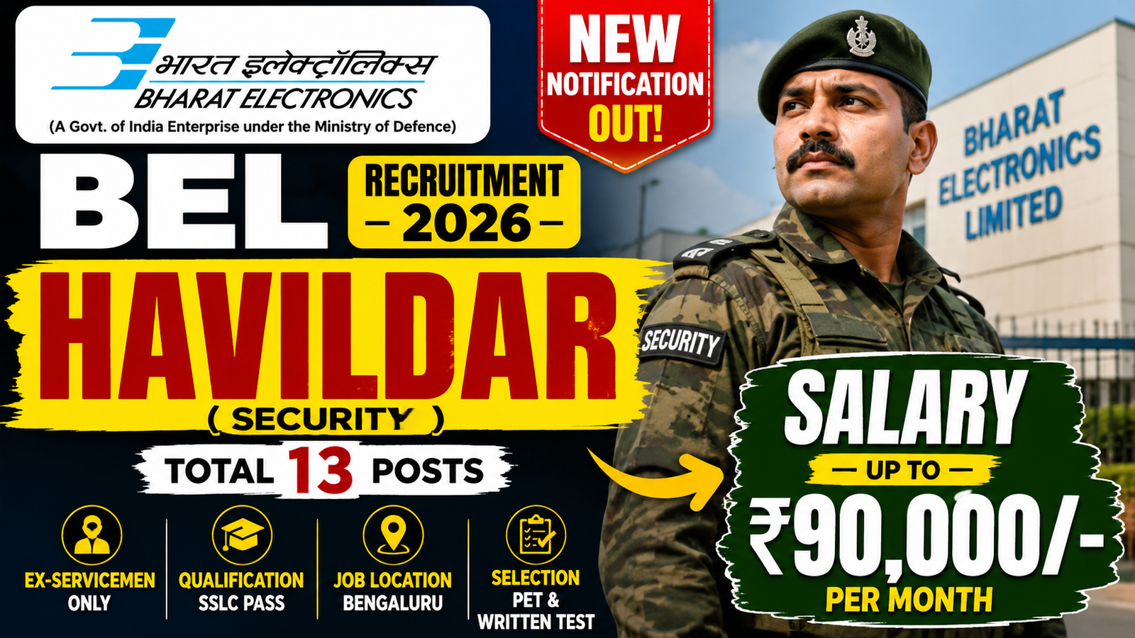 BEL Havildar (Security) Recruitment 2026 Notification Out – Apply Offline for 13 Posts