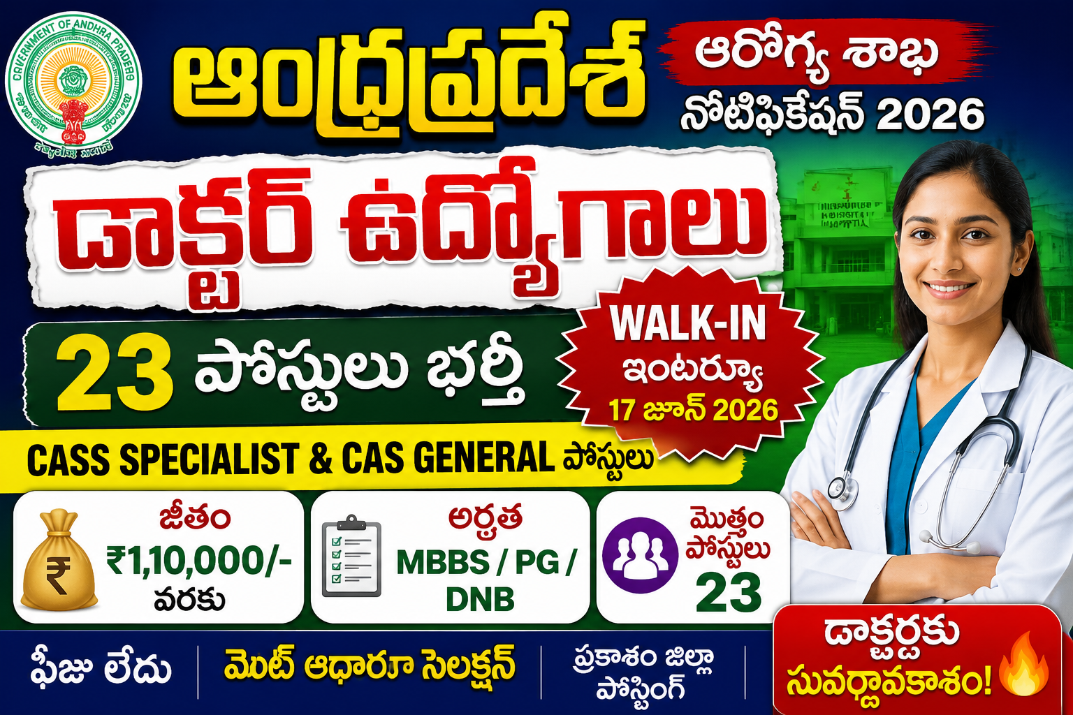 AP Health Department Recruitment 2026: Walk-In Interview for 23 Civil Assistant Surgeon Posts in Prakasam District