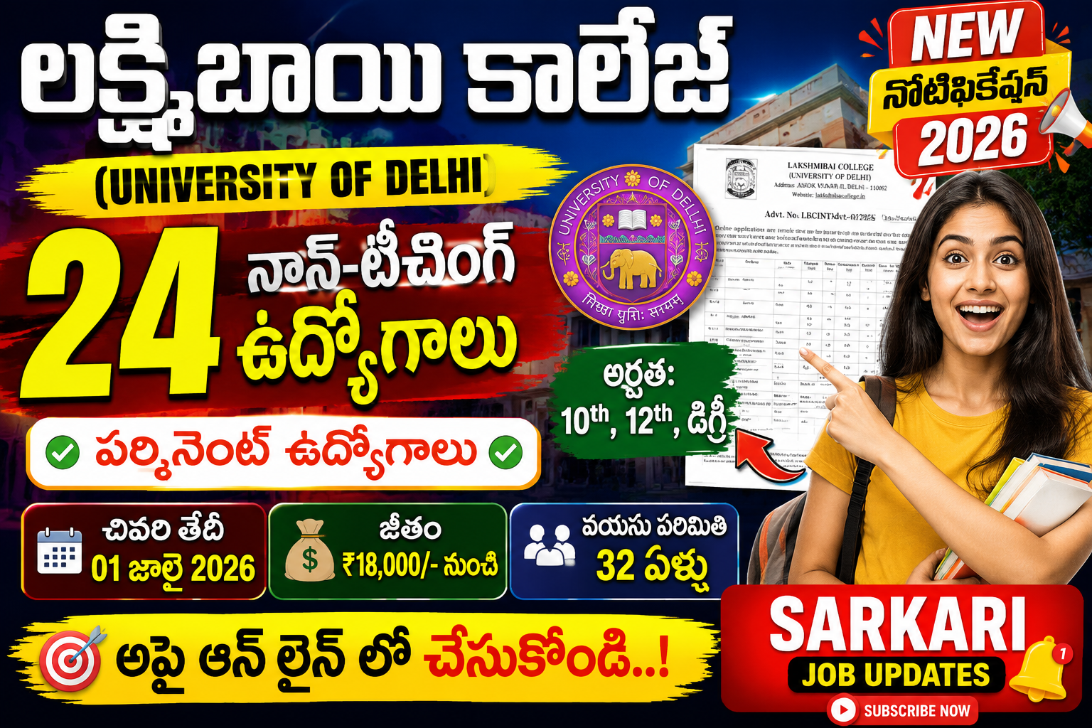 Lakshmibai College Recruitment 2026 Notification Out – Apply Online for 24 Non-Teaching Posts