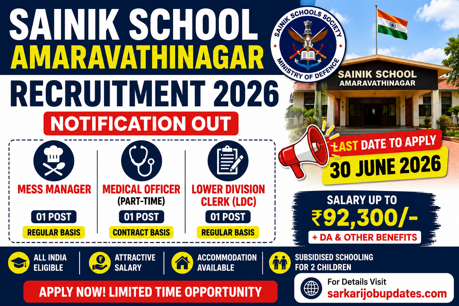 Sainik School Amaravathinagar Recruitment 2026 Notification Out – Apply for Mess Manager, LDC & Medical Officer Posts
