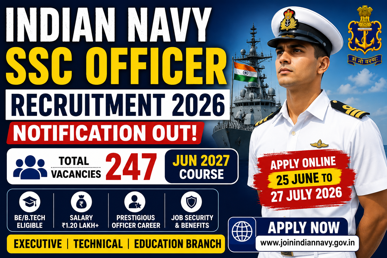 Indian Navy SSC Officer Recruitment 2026 Notification Out – Apply Online for 247 Short Service Commission Officer Posts | Jun 2027 Course