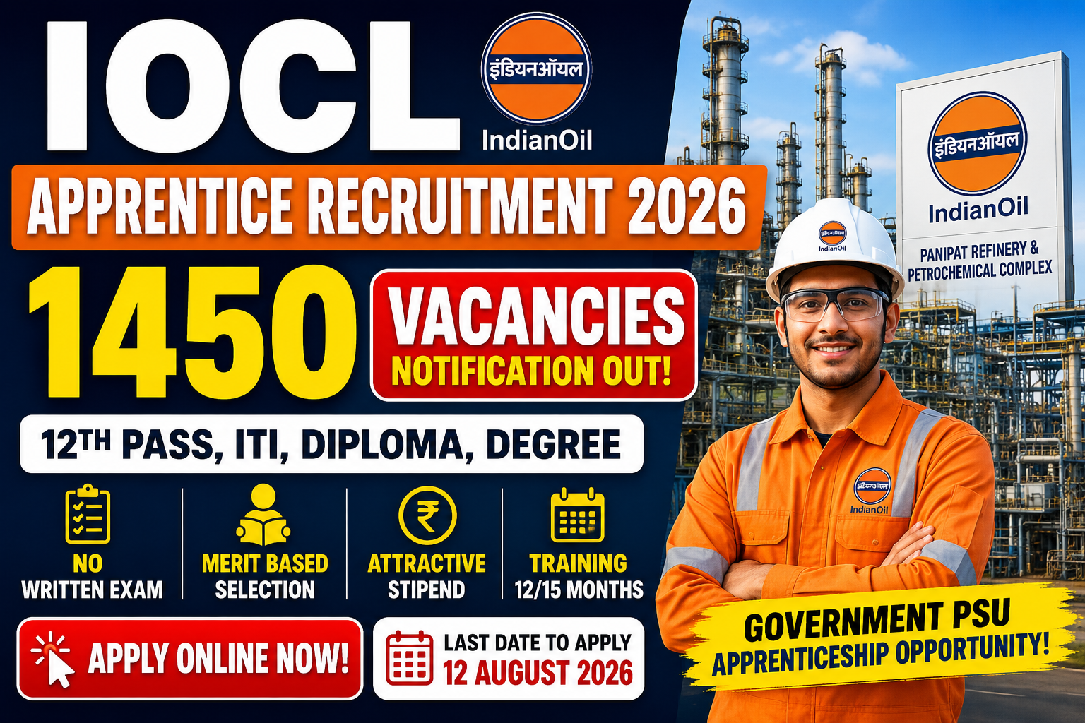  Indian Oil IOCL Apprentice Recruitment 2026 Notification Out for 1450 Posts – Apply Online @ iocl.com