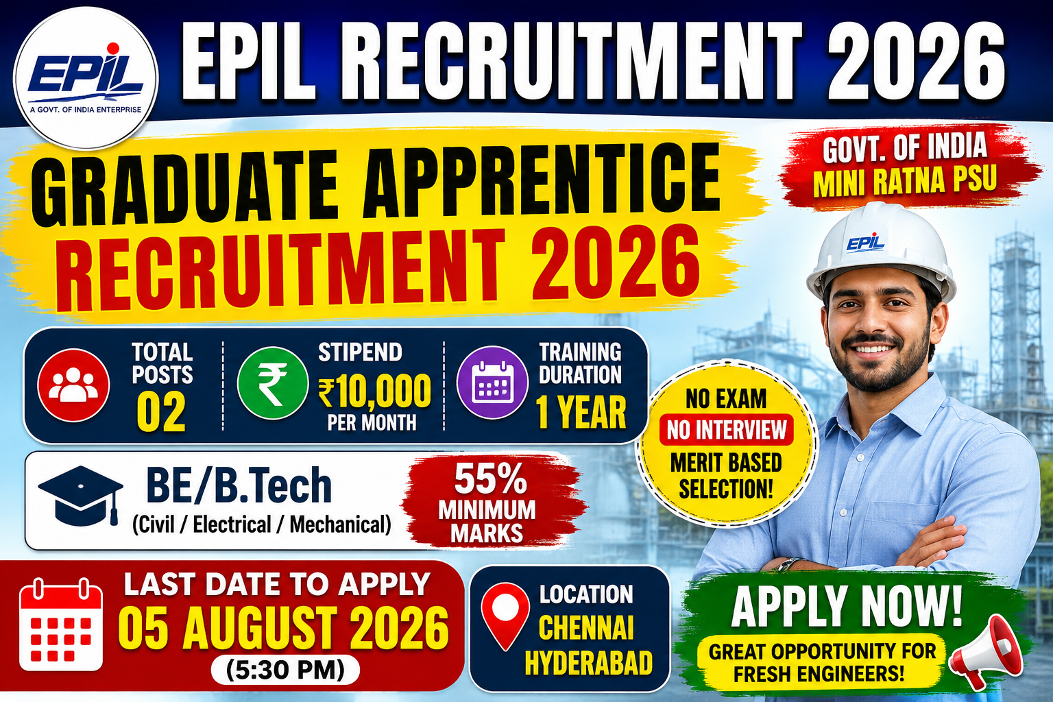 Engineering Projects (India) Limited (EPIL) Graduate Apprentice Recruitment 2026 – Apply for 02 Apprentice Posts | Last Date 05 August
